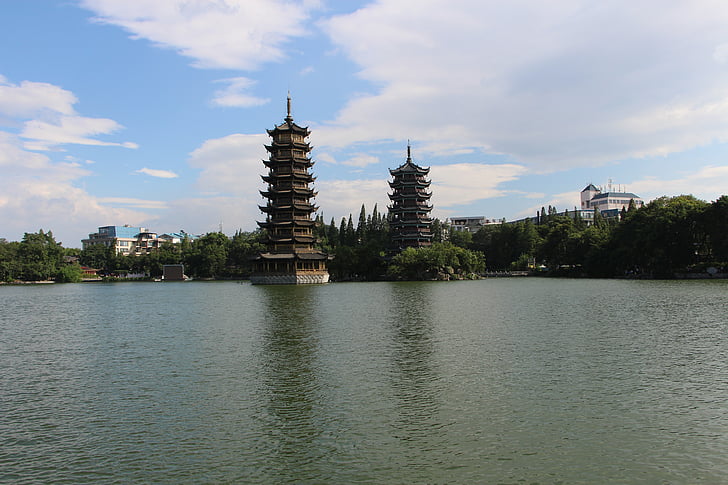 guilin, sun and moon twin towers, shwedagon pagoda silver pagoda, cedar lake