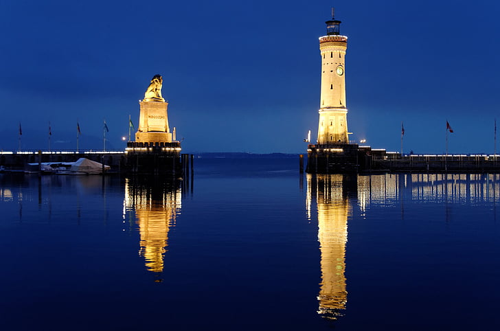 lindau, port, mirroring, night photograph, lighthouse, lake constance, lion