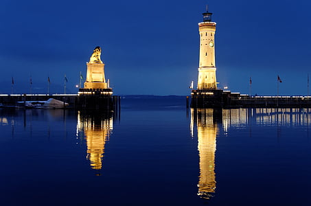 Lindau, hamn, spegling, natt fotografi, Lighthouse, Bodensjön, lejon