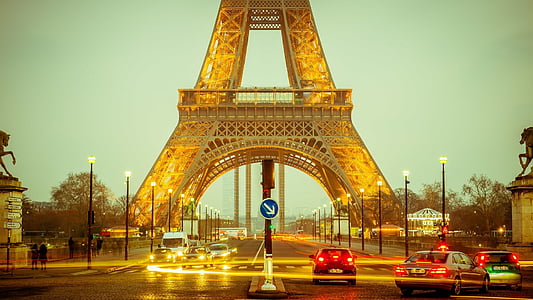 Tour Eiffel, exposition longue, lumières, mouvement, Twilight, ville, urbain