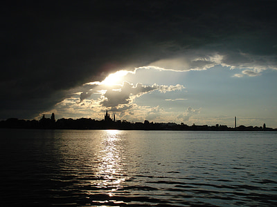 Werder, Havel, nuvens, tempo, Lago, sol, espelhamento