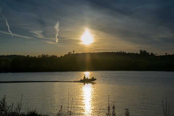 Boot, sjön, solnedgång, vatten, båttur