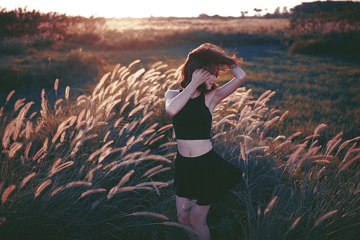 wheat field, girl walking, posing, care, landscape, outdoors, caucasian