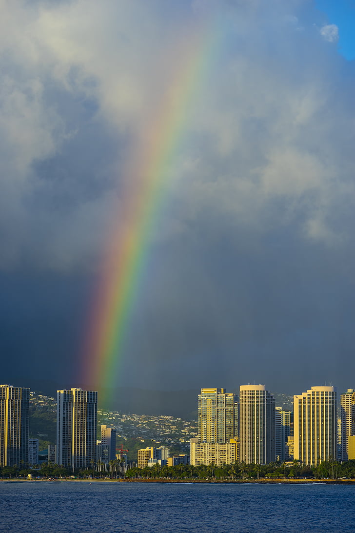 rainbow, hawaii, views, seascape, landscape, sea, building exterior