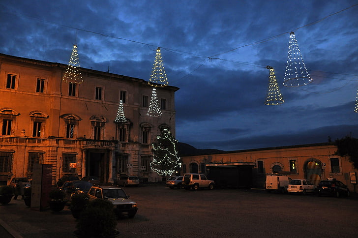 Umbria, Spoleto, Piazza, Vianoce, Sky, Iluminácia