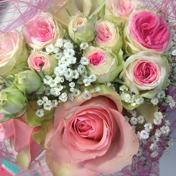 bouquet, flowers, roses, pink, cut flowers, romantic, floristry