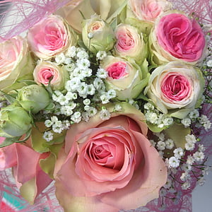 pušķis, ziedi, rozes, rozā, griezti ziedi, romantisks, floristikas