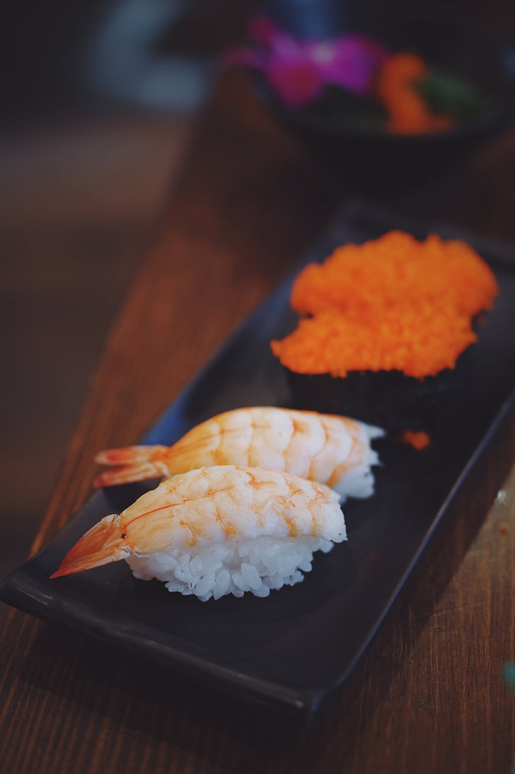 Sushi, alimentaire, crevettes, riz, plaque, Japonais, restaurant