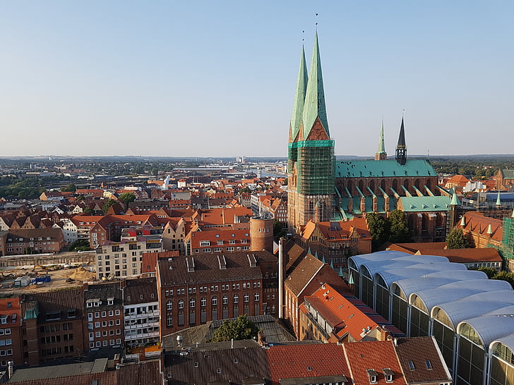Lübeck, pogled na grad, crkveni toranj, Crkva Sv. Marije, Prikaz, vjerski objekt, centra mjesta