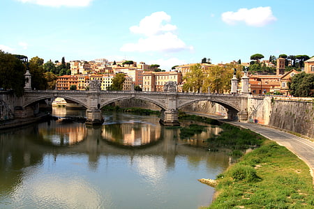 bridge, picturesque, river, water, rome, city, romantic