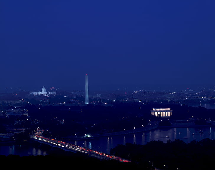 Washington, d.c., Panorama, Panoráma města, řeka, budova kapitolu, Washingtonův monument, Lincolnův památník