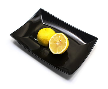 lemon, fruit, food, citrus, white background, black plate