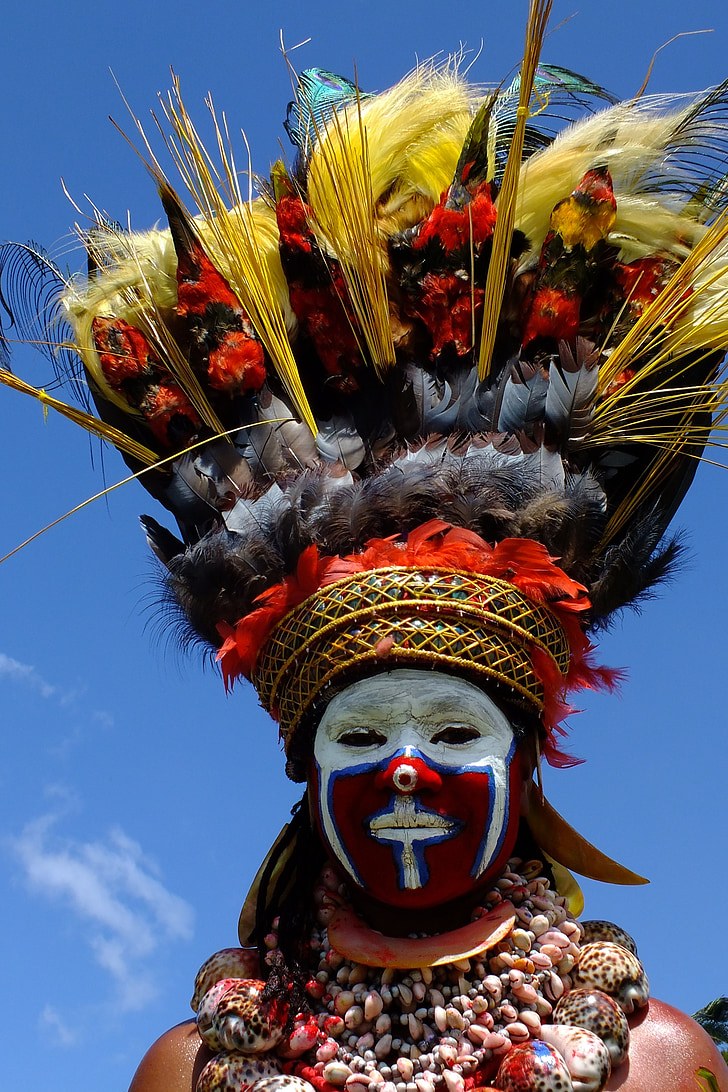 kostum, naslikal, perje, karneval, Papua Nova Gvineja, kroglice, rdeča