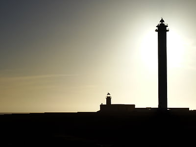 Lighthouse, havet, semafor, sida, solnedgång