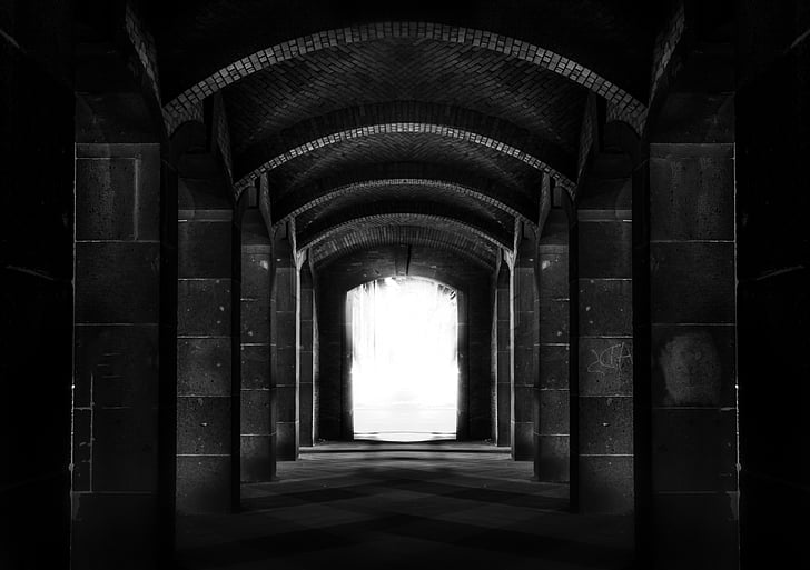 arches, architecture, black-and-white, building, dark, hallway, light