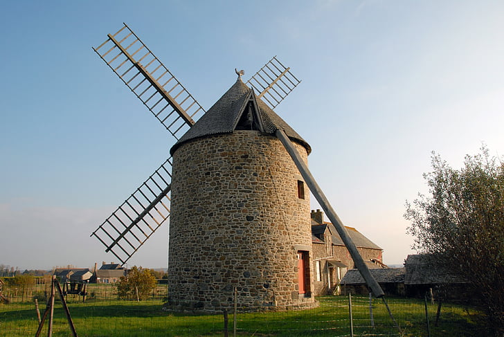 wind mill, france, normandy, stone, farm, historic, green
