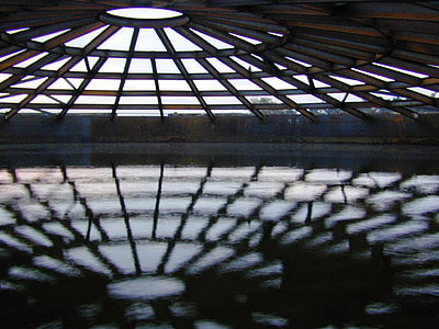 steel structure, roof, reflection, water