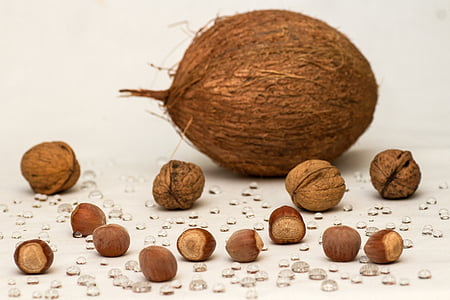 Zátiší, skořápkové ovoce, Vlašské ořechy, lískové oříšky, kokos, kapka vody