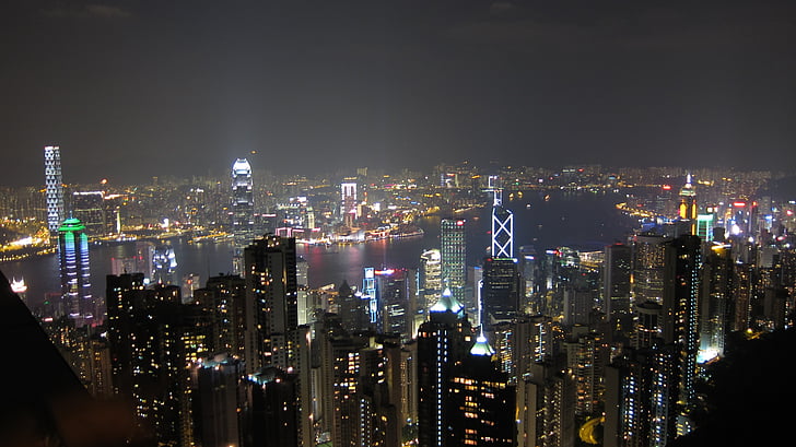 visão noturna, f grande, à noite, paisagem urbana, Ásia, Horizonte urbano, Hong kong