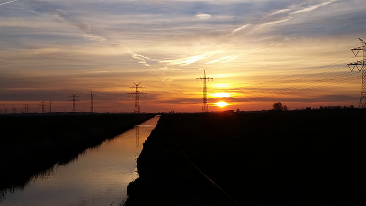 current, dusk, twilight, sun, mood, power poles, river
