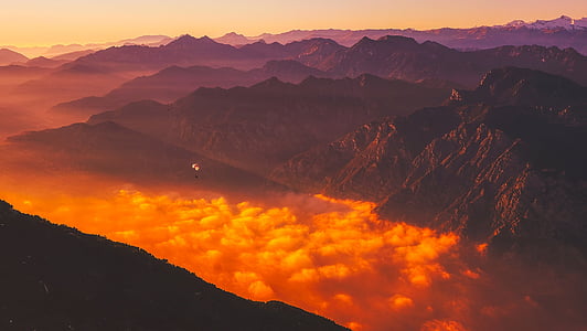 italy, paragliding, mountains, sunrise, dawn, sky, clouds