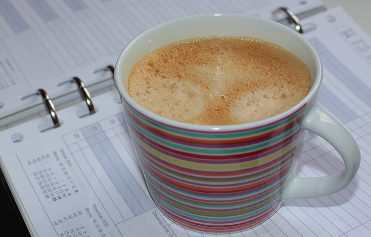 cup of coffee, appointment calendar, coffee break, enjoy, coffee, break, workplace