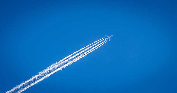 esteiras, trilha, avião, avião, azul, céu, voo