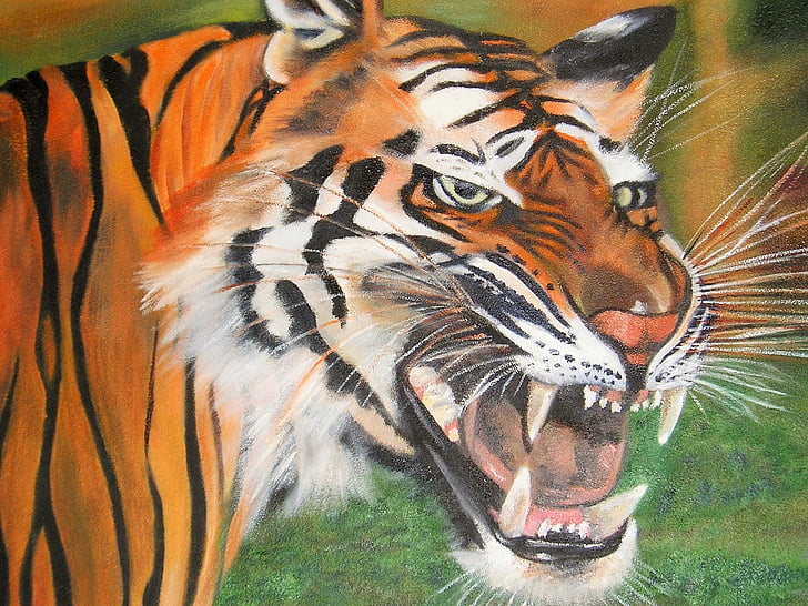 art, original, oil, tiger, head, angry, snarling