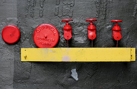 alarm, fire, hydrant, red, sprinkler, wall