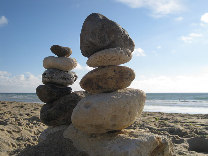 balans, stenar, staplade, havet, stranden