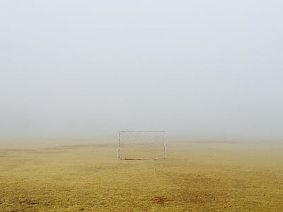 gol, futebol, campo, nevoeiro, marrom, seca, grama