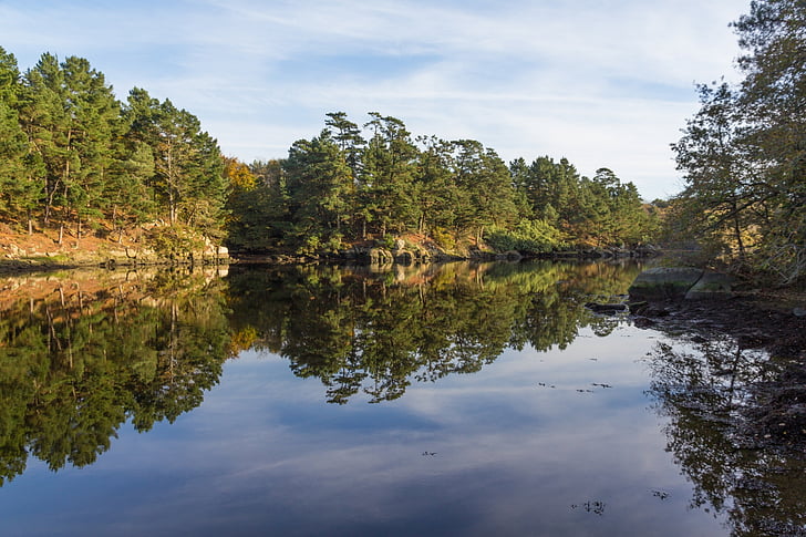 Natura, upadek, Jesienny krajobraz, Symetria, woda reflection, Jezioro, Rzeka