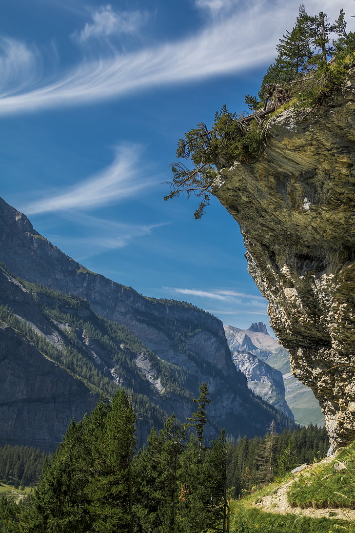 Rock, hory, stezka, stromy, výlet, Lake oeschinen, Švýcarsko
