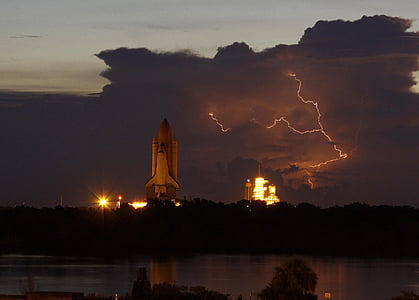 cape canaveral, space shuttle, launch pad, lightning, clouds, vehicle, launch