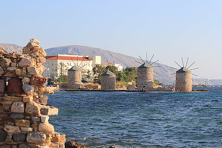 Chios, Yunani, kincir angin, laut, Marina, reruntuhan, hari libur