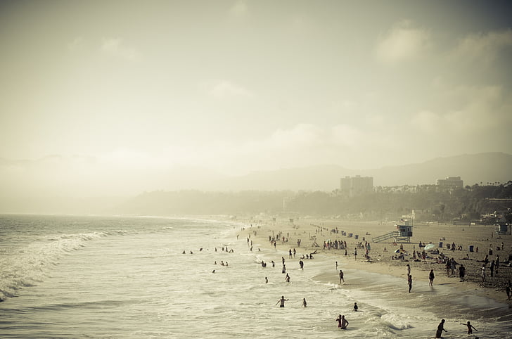 praia, Praia de areia, oceano, do Pacífico, Califórnia, pessoas, natação
