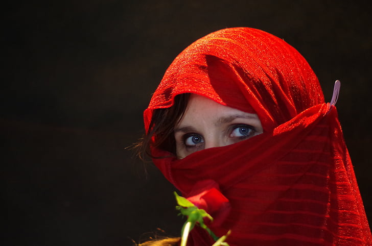 arabian mare, red burka, black background, women, people, human Face, portrait