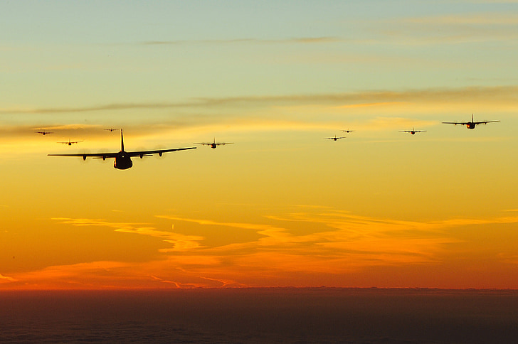 sky, clouds, planes, jets, aircraft, sunset, beautiful