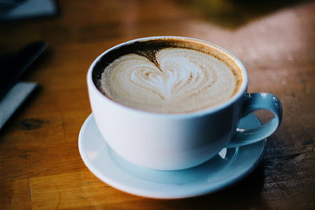 kaffe, latte, cappuccino, mjölk, skum, skum, hjärtat