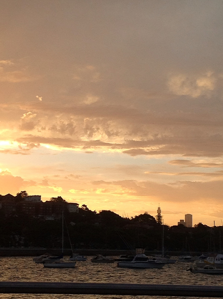sydney, sky, sunset, harbour, clouds, water, evening