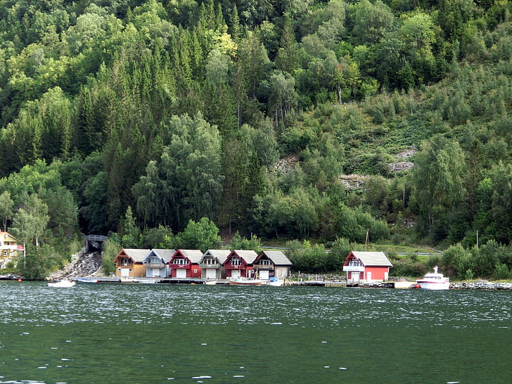 hangar à bateaux, maisons, au bord du lac, eau, montagne, Norvège, romantique