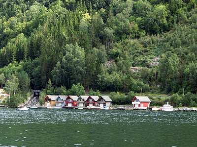 saistītu, mājas, pie ezera, ūdens, kalns, Norvēģija, romantisks