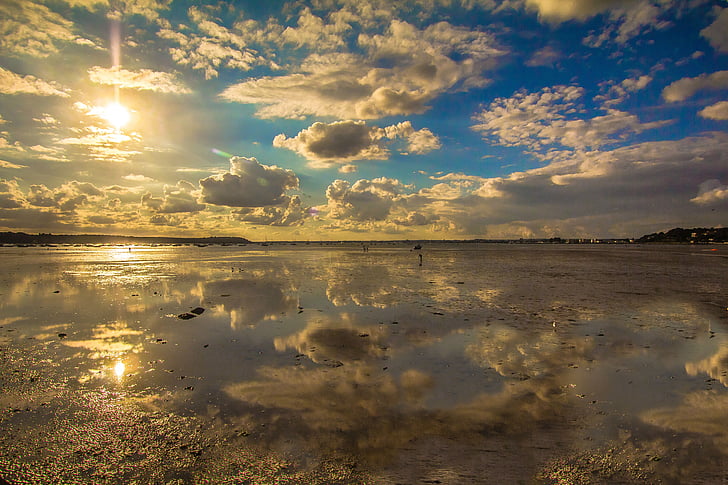 marée basse, réflexion, mer, coucher de soleil, Poole, l’Angleterre, nature