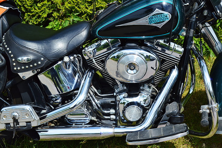 motorcycle, harley davidson, motor unit, chrome plated, tank, saddle, detail picture