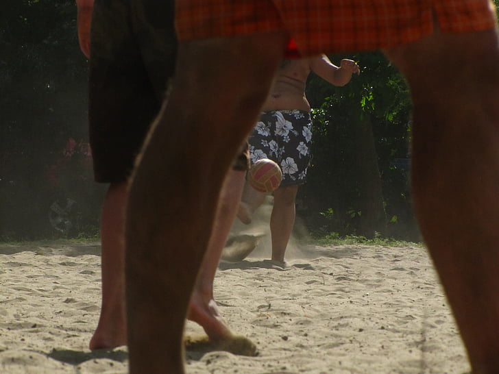 jogo, bola, areia, pernas, futebol, praia