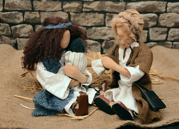 figures, dolls, biblical narrative figures, mary and joseph, birth of jesus, child, christmas story