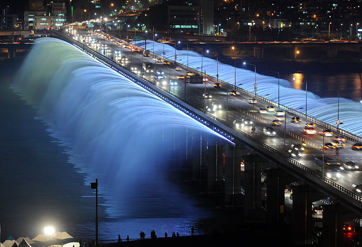 Сеул, Южна Корея, Корейски, фонтан, вода, мост, архитектура