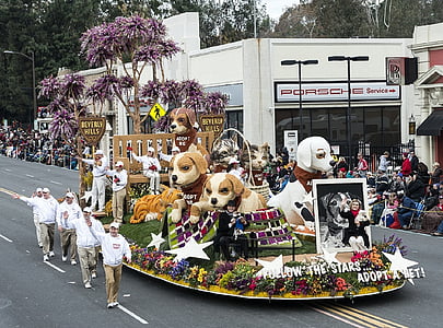 parade, float, dogs, floral, rose parade, street, colorful