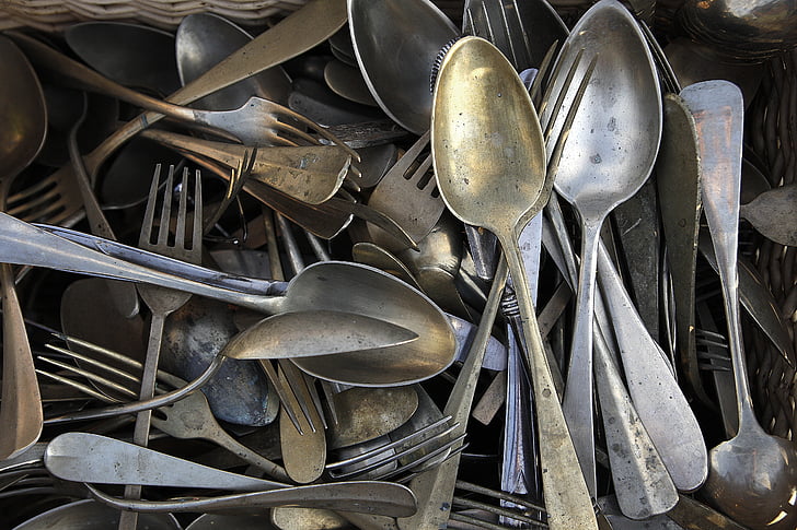 posate, cucchiaio, forcella, vintage, argento, in acciaio, cucina