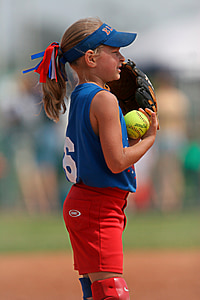 softbol, jogador, menina, jogo, bola, concorrência, uniforme